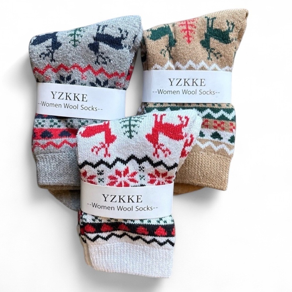 YZKKE Wool Socks 3-Pair Set Holiday Reindeer‎ Christmas Winter Warm Cozy